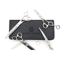 Global Scissors Brady 4 Piece Bundle Pink Diamond- 7.5 inch Cutting, Curved, Thinning & Chunker Scissor